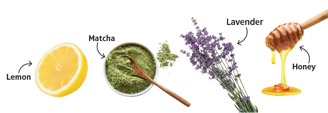 Image of a lemon, matcha, lavender, and honey