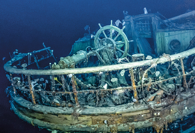 Enlargeable image of a corroding ship wreckage underwater