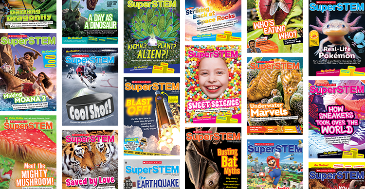 A collage of Scholastic SuperSTEM magazine covers on various science topics