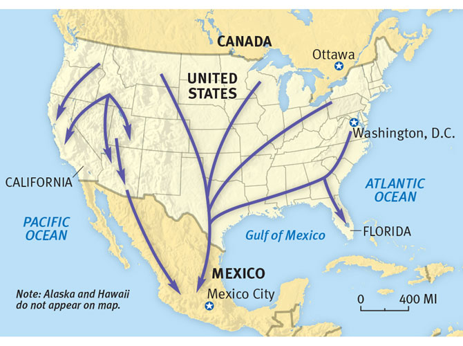 A map shows the migratory routes of monarch butterflies between the United States and Mexico.