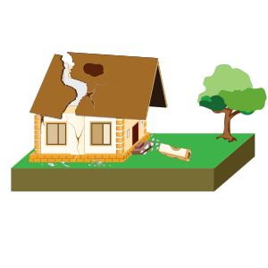 A cartoon of a house whose roof and walls have cracked