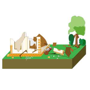 A cartoon of a collapsed house
