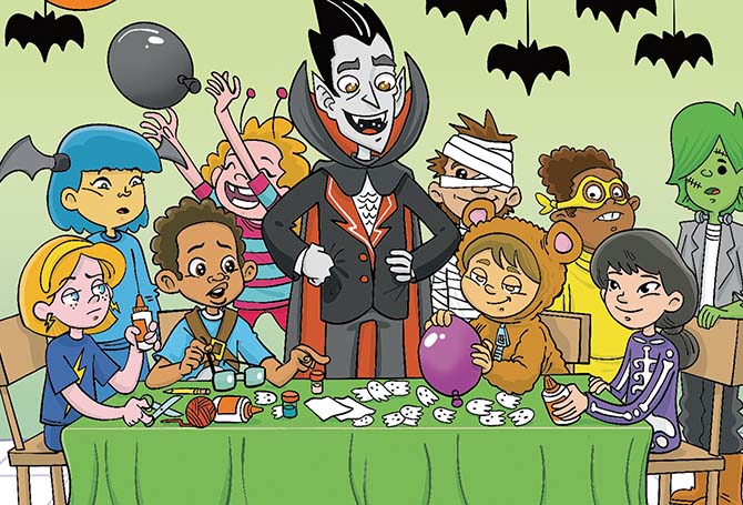 Vampire and kids dressed in costumes