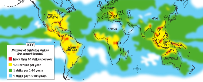 Enlargeable map showing number of lightning strikes throughout world using color coding to identify