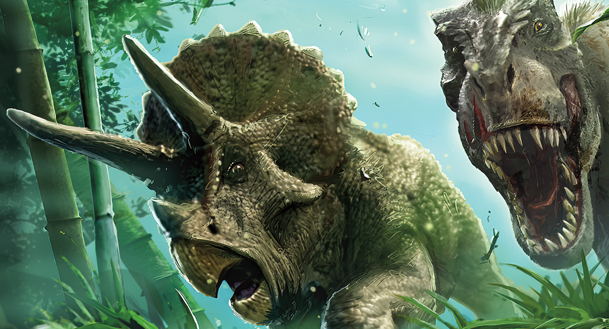 Image of a Triceratops being chased by a T. Rex