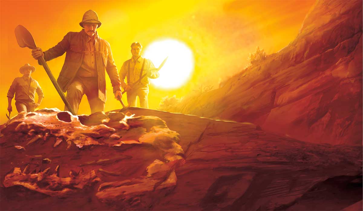 Illustration of scientists hunting for fossils in the hot heat of the day