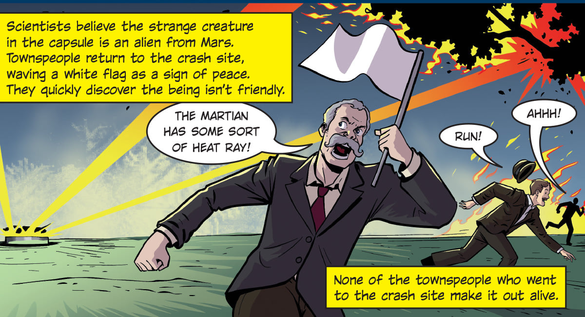 Comic of the townspeople running from the capsule after understanding an alien is attacking
