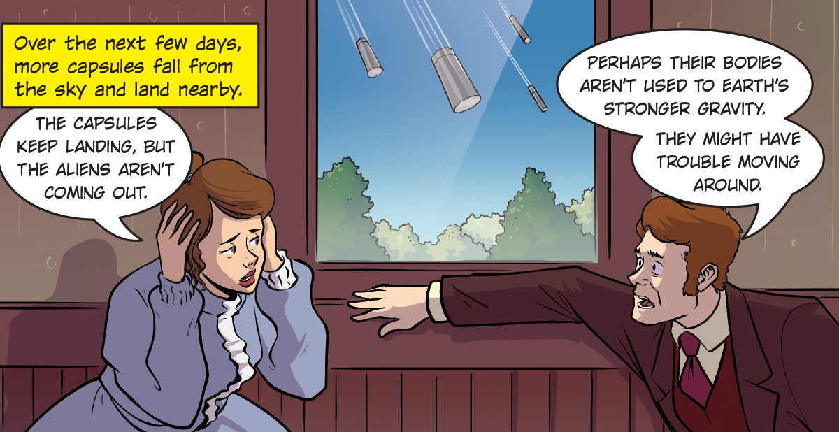 Comic of townspeople in hiding while watching capsules fall from the sky