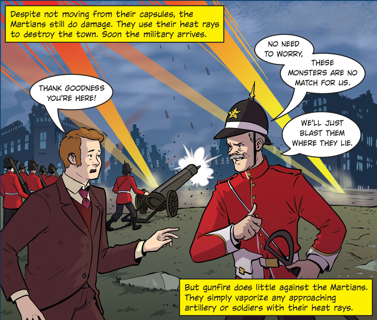 Comic of the martians using heat rays to destroy town while military arrives