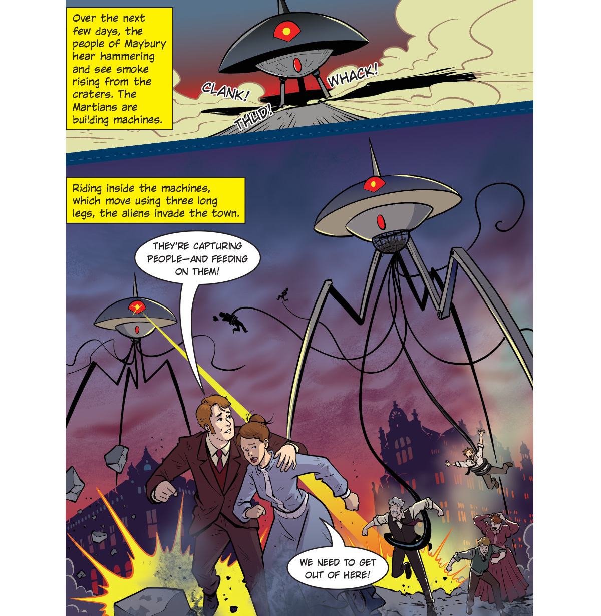 Comic of robot aliens capturing townspeople and feeding on them