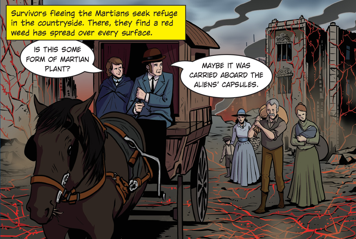 Comic of survivors fleeing Martians and seeking refuge in the countryside