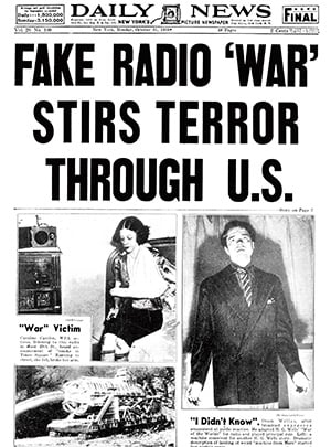 Image of a the front page of newspaper with title, "Fake Radio &apos;War&apos; Stirs Terror Through U.S.&apos;