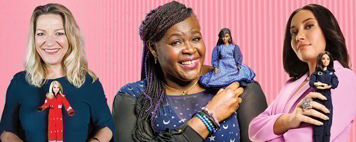 Image of three remarkable women holding doll versions of themselves
