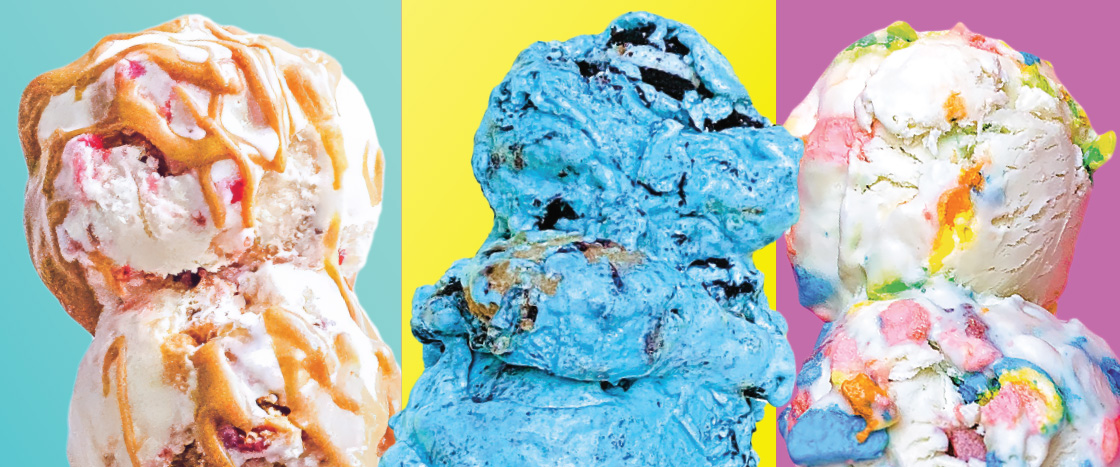 Image showing large scoops of three different ice cream flavors