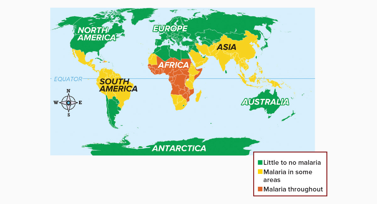 World map highlighting location of malaria