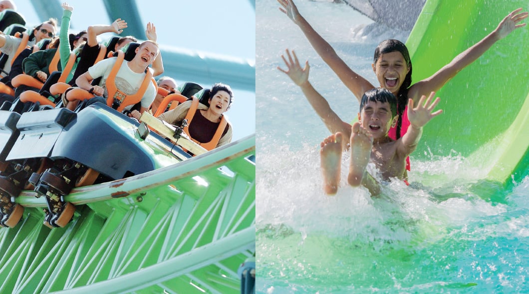 Image of people on a rollercoaster and image of people going down water slide