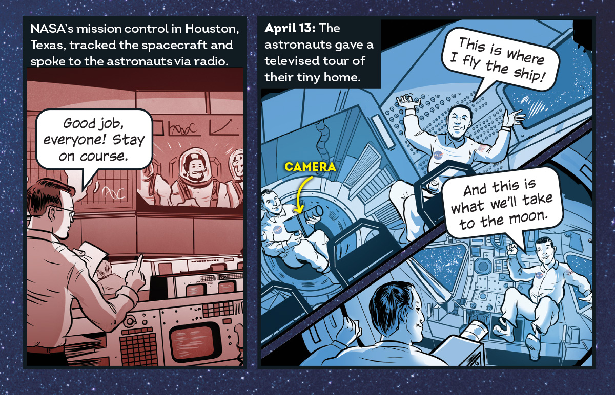 Comic of astronauts giving a tour of their spaceship and mission control broadcasting it