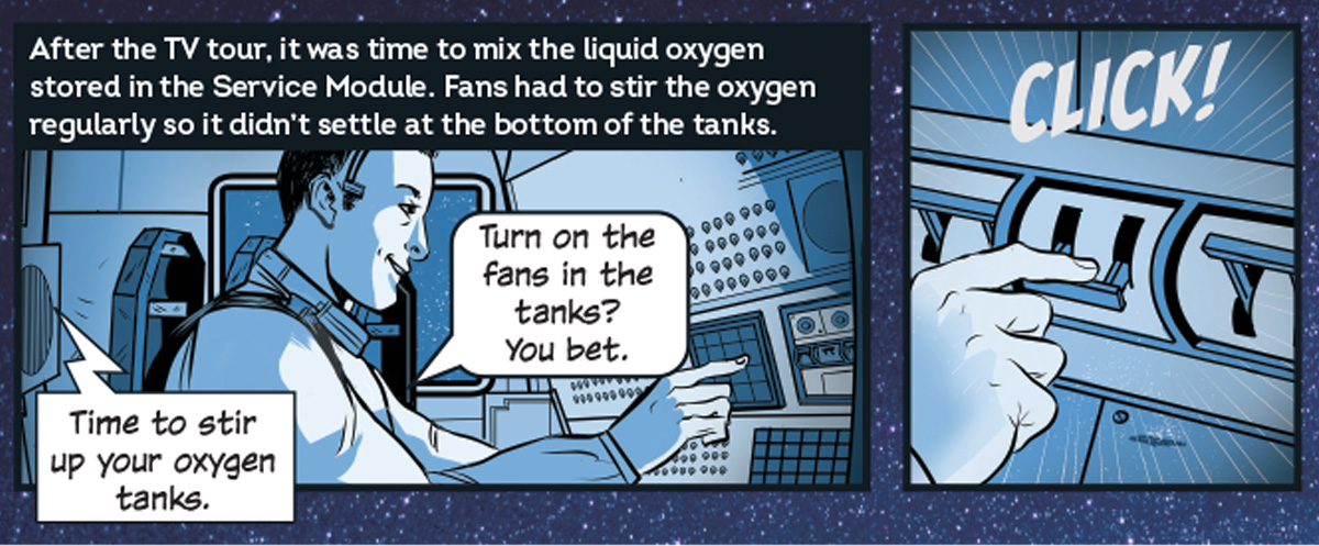 Comic of an astronaut turning on the fans in the spaceship to stir the oxygen