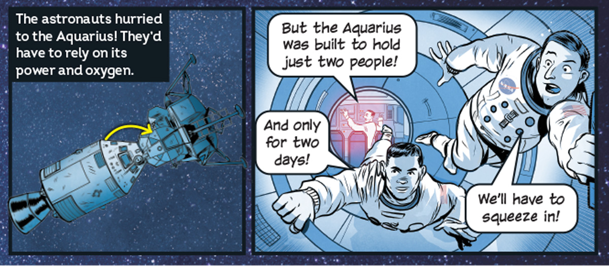 Comic of the astronauts having to squeeze into the smaller part of the ship to survive