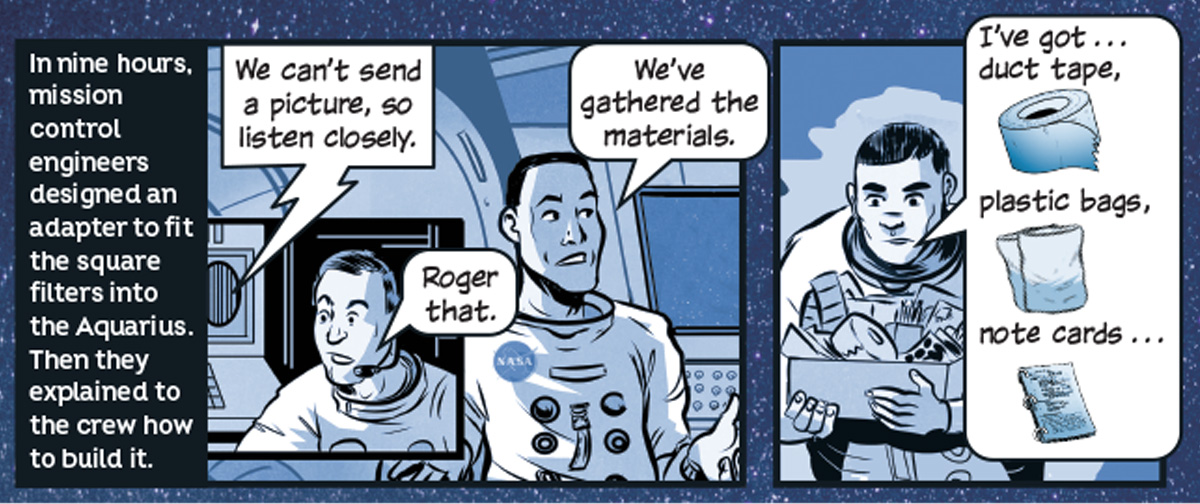 Comic of the astronauts gathering materials to build a new adapter