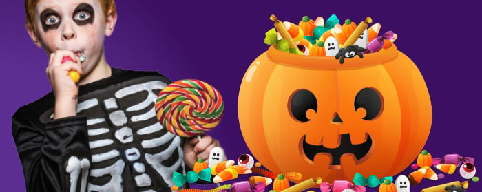 Image of a kid dressed as a skeleton and illustration of pumpkin filled with candy