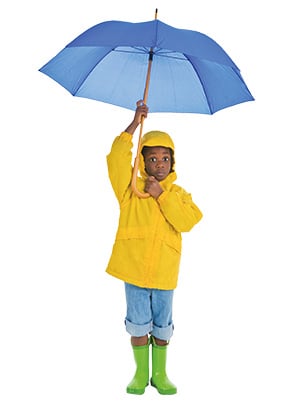Image of kid in rain jacket and holding an umbrella