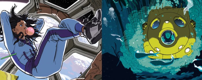 Illustration of astronaut in space and illustration of person underwater in submarine