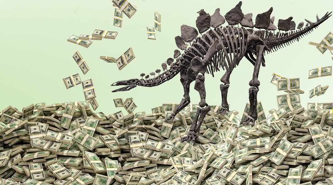 Image of stegosaurus fossil surrounded by piles of cash money