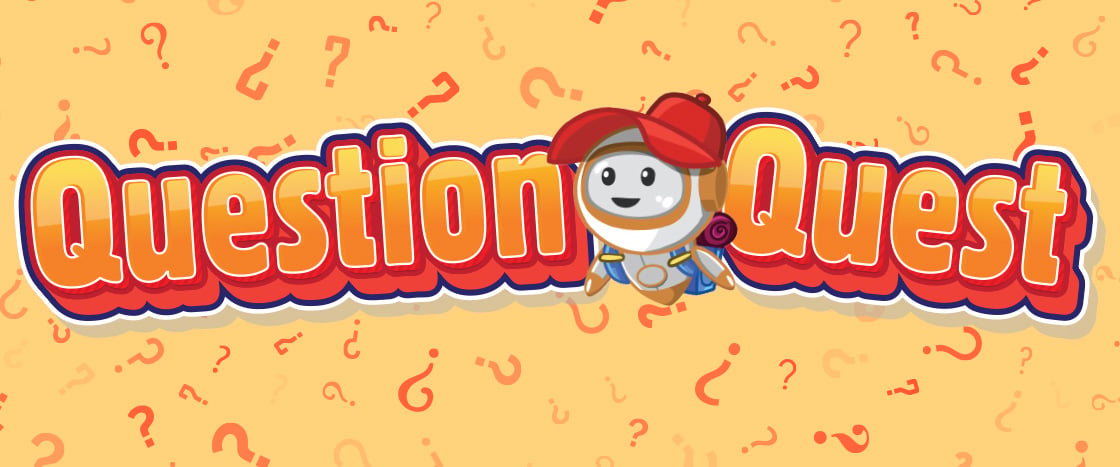 Question Quest logo with a small cartoon character in a red cap surrounded by question marks