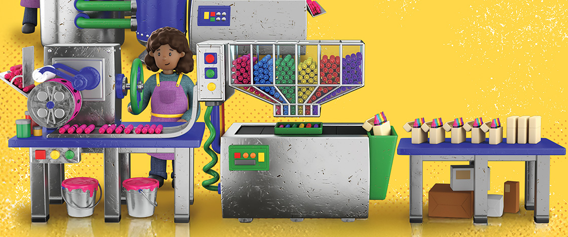 A girl operates a colorful marker factory assembly line with machines and finished markers on tables