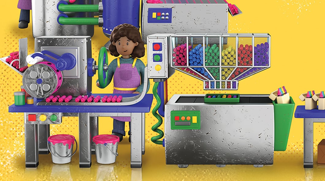 A girl operates machinery in a colorful crayon factory with sorted markers and conveyor belts