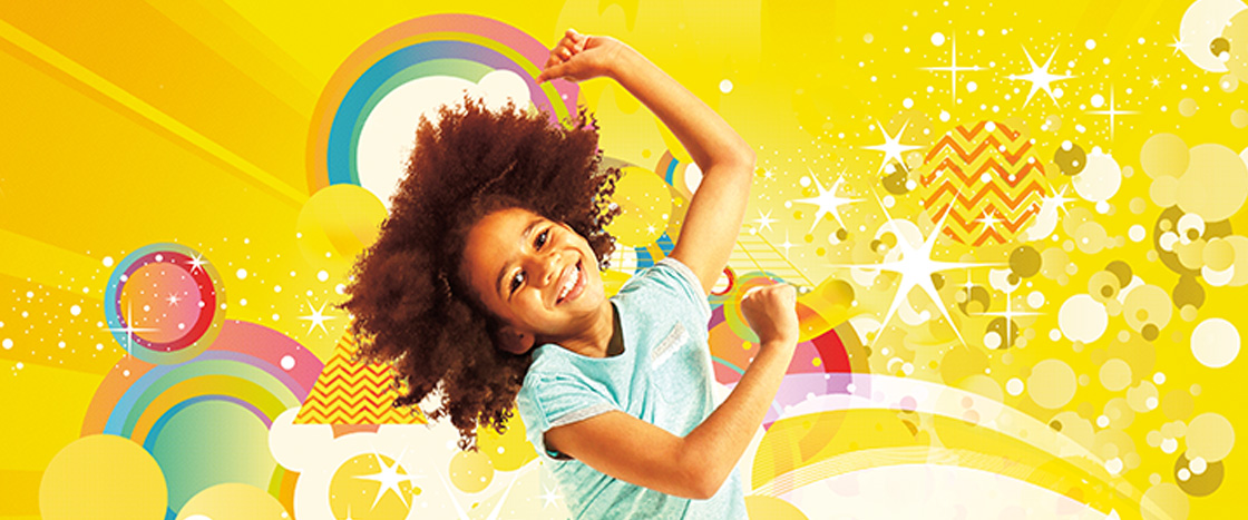 A girl dances with both arms raised against a bright yellow graphic background