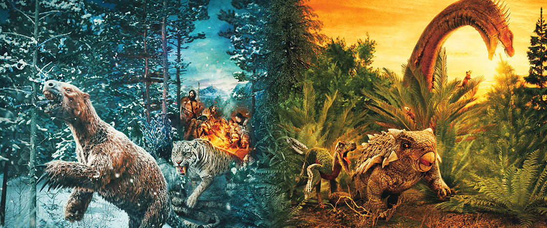 Collage that contrasts Ice Age megafauna and early humans with prehistoric dinosaurs and jungle wildlife