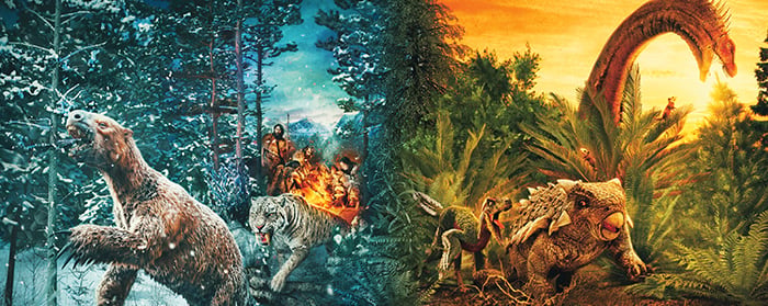 Collage that contrasts an ice age scene with prehistoric humans and animals and a dinosaur era scene