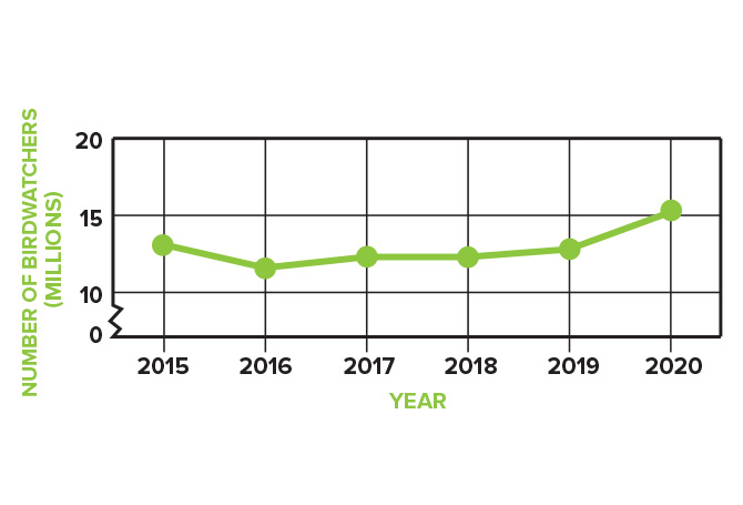 Line graph showing the number of birdwatchers every year