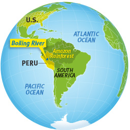 World map showing Peru, the Boiling River, and the Amazon Rainforest