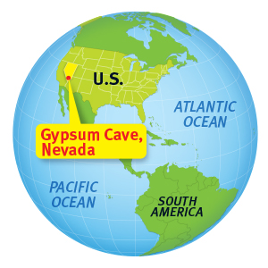 World map highlighting Gypsum Cave, Nevada
