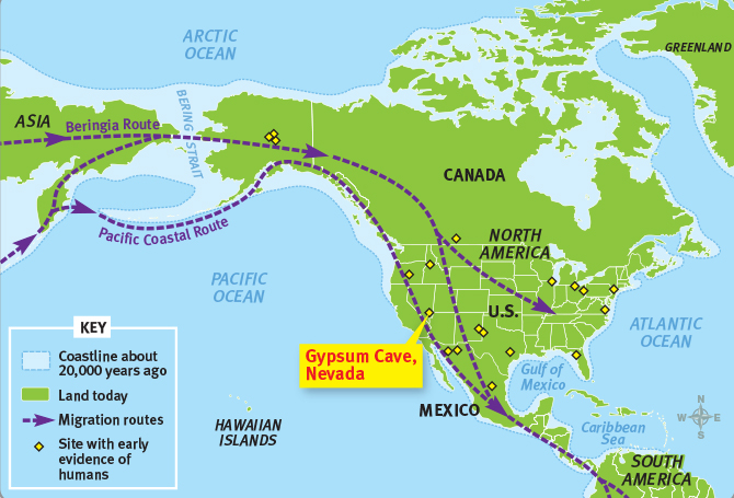Map showing two migrational routes humans may have taken from Asia to North America