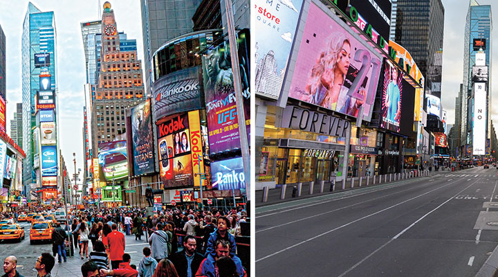 On the left, a bustling Times Square in New York City; On the right, a totally empty Times Square