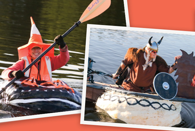Collage of a paddler in an orange traffic cone hat in a kayak & a person in a horned helmet with a shield in a boat